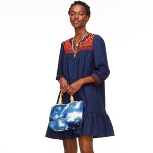 J.CREW Embroidered Popover Dress with Ruffle Hem Navy/Orange NWT